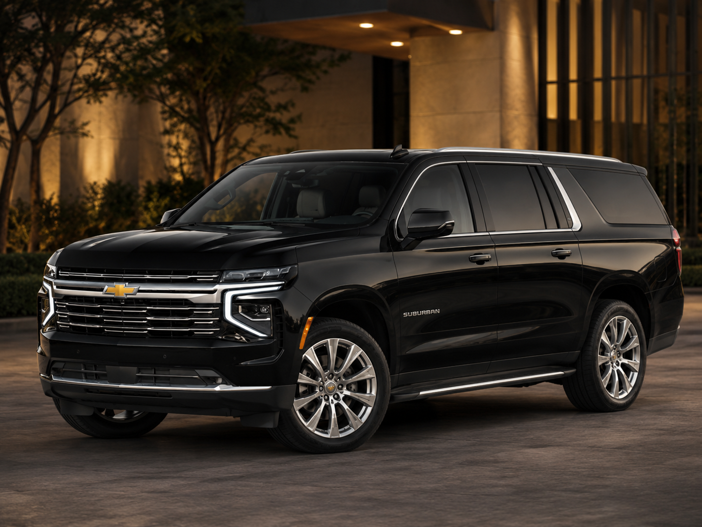 2026 Chevrolet Suburban — black luxury SUV urban night